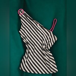 Tempted Black and White Striped Top with Pink Straps